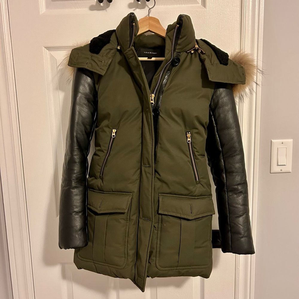 Mackage Cynthia Leather Sleeved Down Parka with Fur Hood - XXS